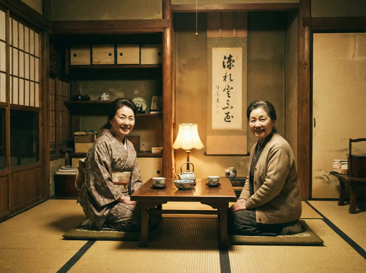 两位优雅的 集芳阁官网-免费在线|高清资源|集芳阁平台 在日式茶室中品茶交谈